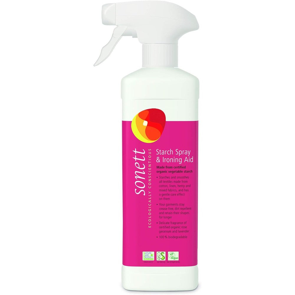 Sonett Organic Starch Spray and Ironing Aid 500ml front view bottle for wrinkle-free laundry.