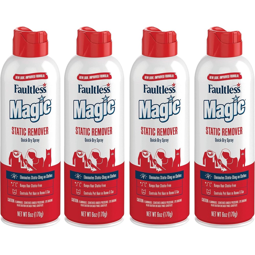 Magic Static Remover Pack of Four front view anti-static spray cans.