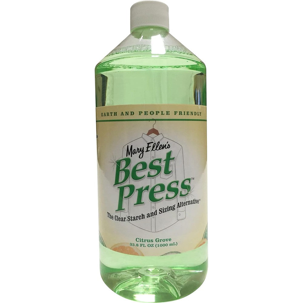 Mary Ellen Products Best Press Citrus Grove Refill 33.8 Ounce bottle front view for wrinkle-free ironing.