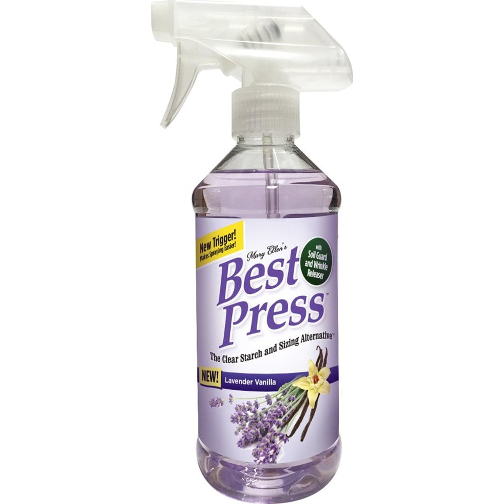Mary Ellen Products Best Press Lavender Vanilla 16.9 Ounce front view authentic fabric pressing spray.
