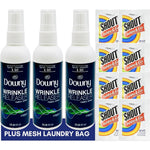 Downy wrinkle releaser travel kit front view showing spray bottles and stain wipes