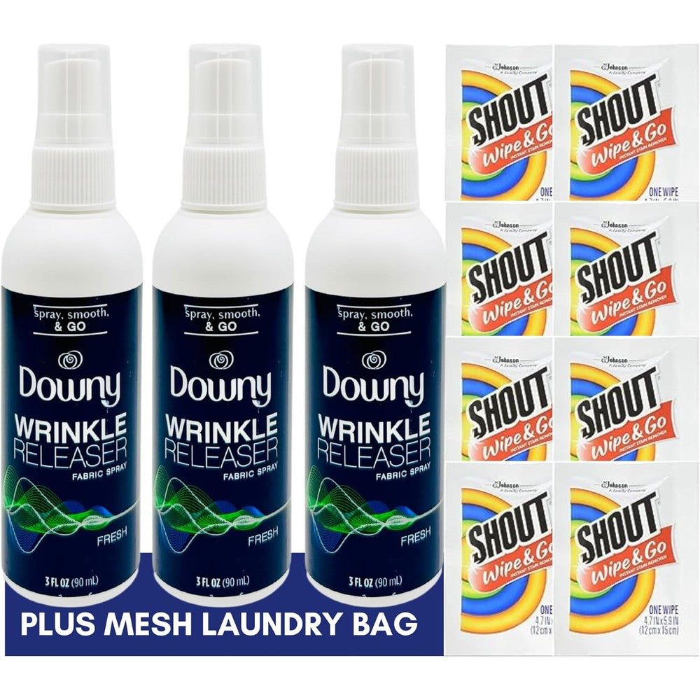 Downy wrinkle releaser travel kit front view showing spray bottles and stain wipes