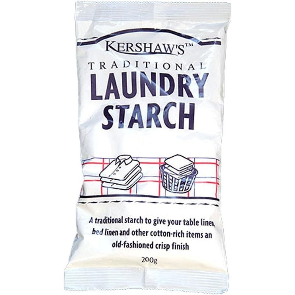 Kershaws Traditional Laundry Starch 200g box front view for crisp clothing.