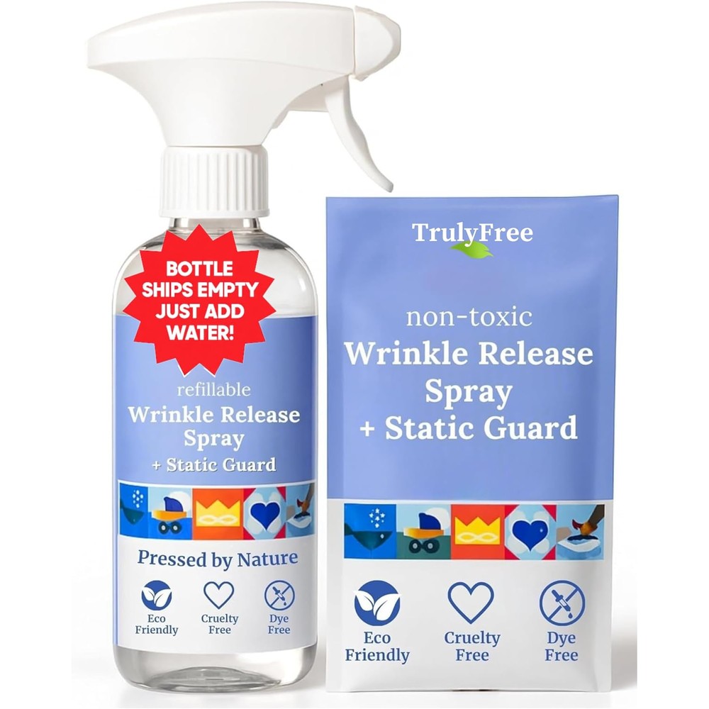 Truly Free Wrinkle and Static Releaser starter kit front view with refillable spray bottle.