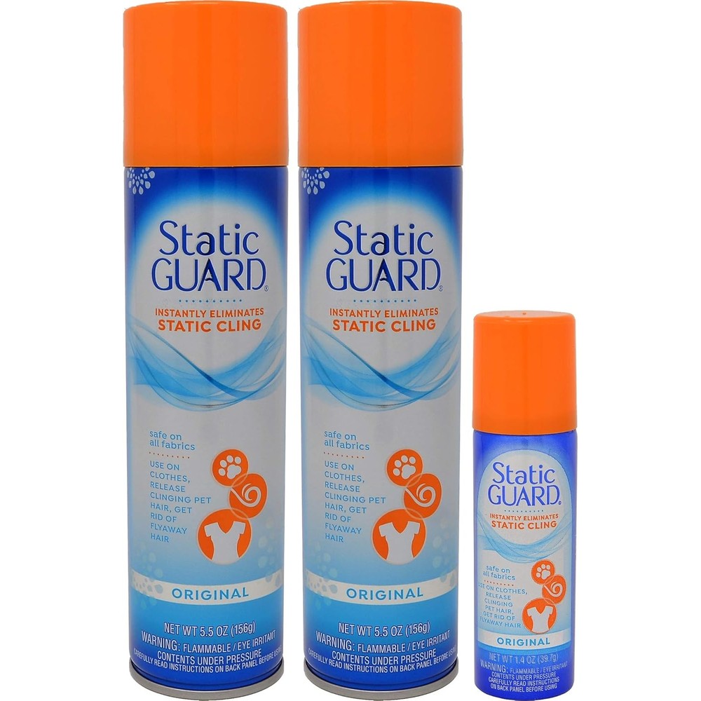Static Guard Anti Static Spray Bonus Pack containing three aerosol cans for clothing.