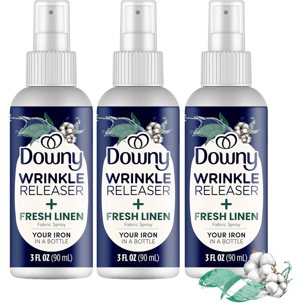 Downy Wrinkle Release Spray front view of the three pack travel size bottles