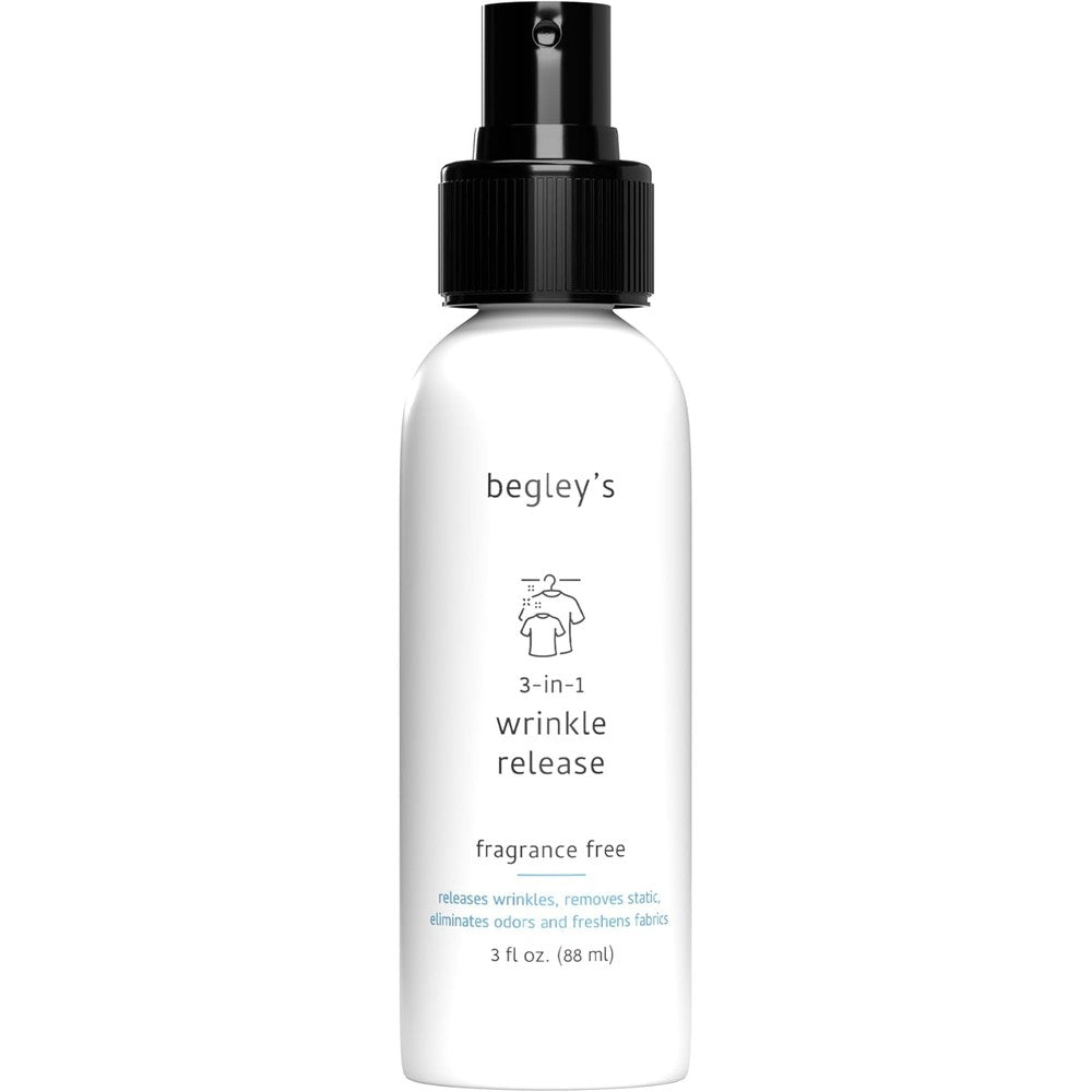 Begleys 3-in-1 wrinkle remover spray front view travel size product