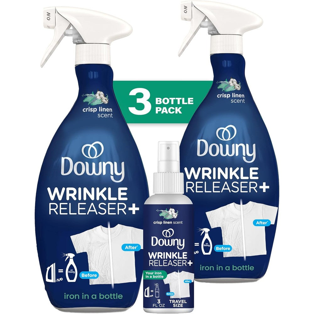 Downy Wrinkle Releaser Spray multi pack front view showing crisp linen scent fabric refresher bottles.