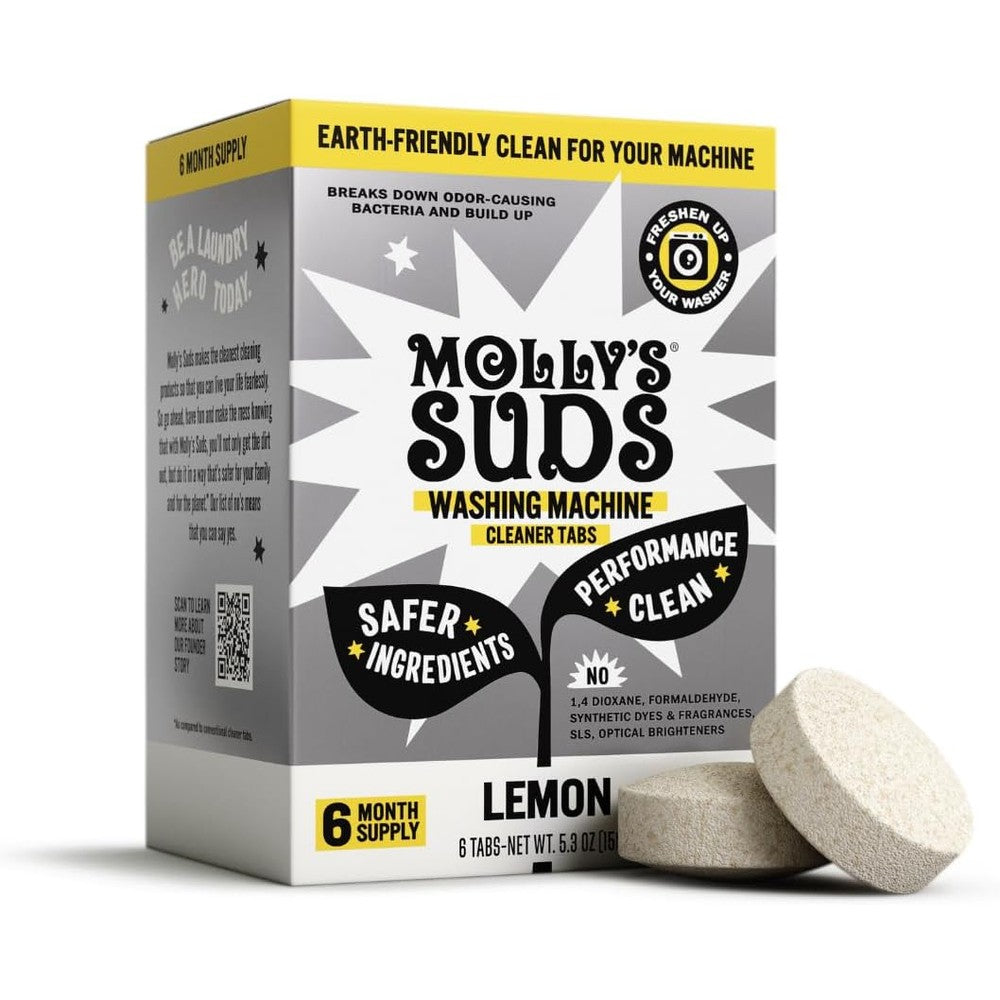 Molly's Suds Washing Machine Cleaner 6 Tablets front view for odor removal.