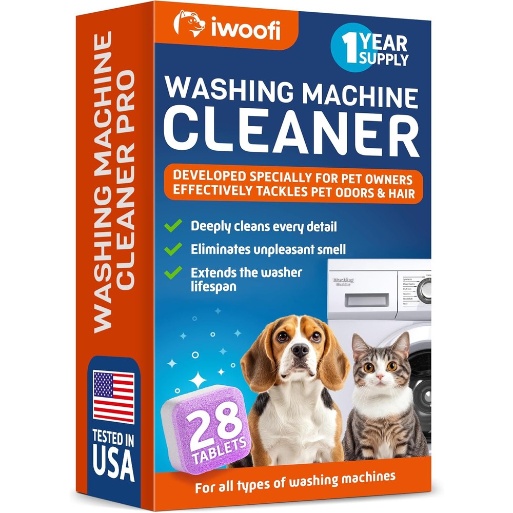 Shimmerix Iwoofi washing machine cleaner pro tablets packaging front view showing 28 count box.