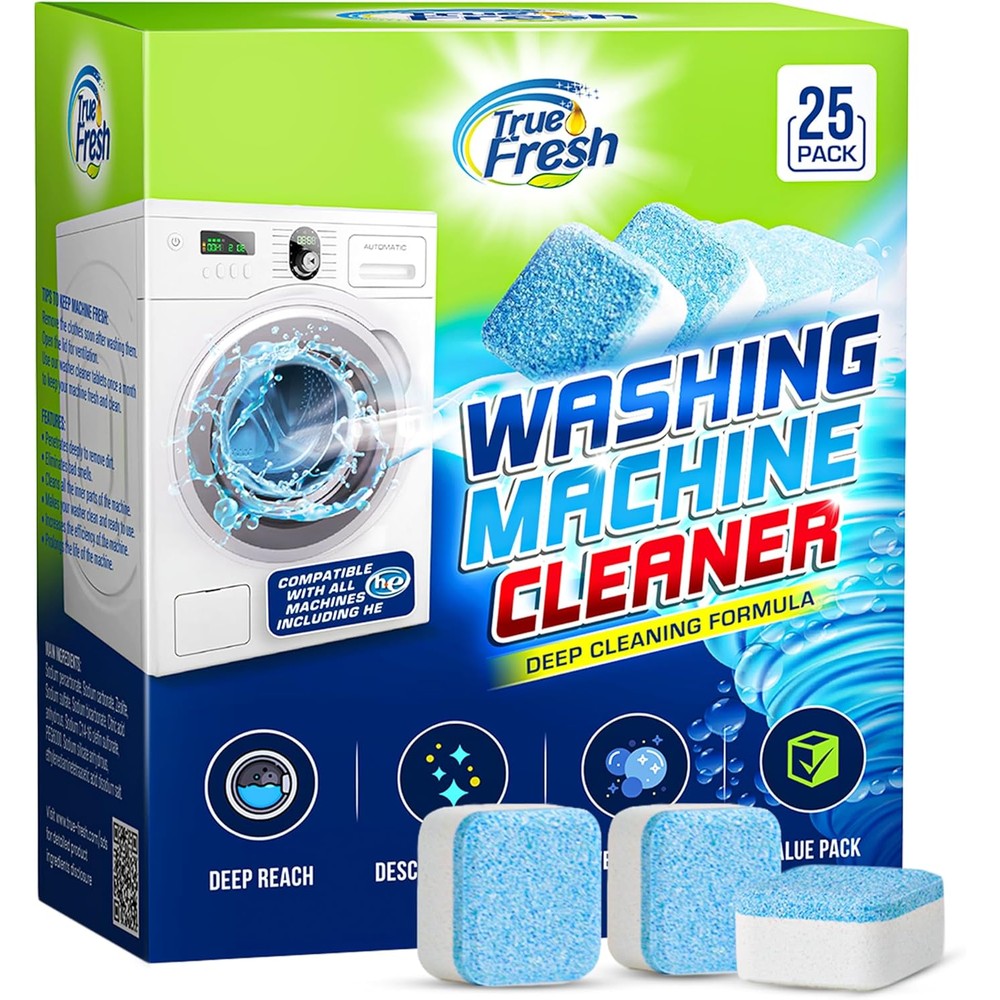 True Fresh Washing Machine Cleaner Tablets front view of 25 pack box for deep cleaning.