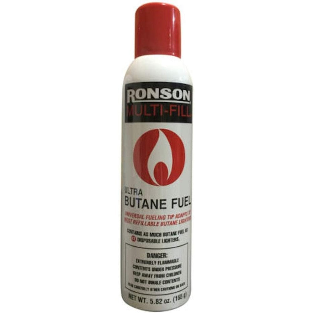 Ronson Multi-Fill Ultra Butane Fuel 165 Gram canister front view for lighter refills.
