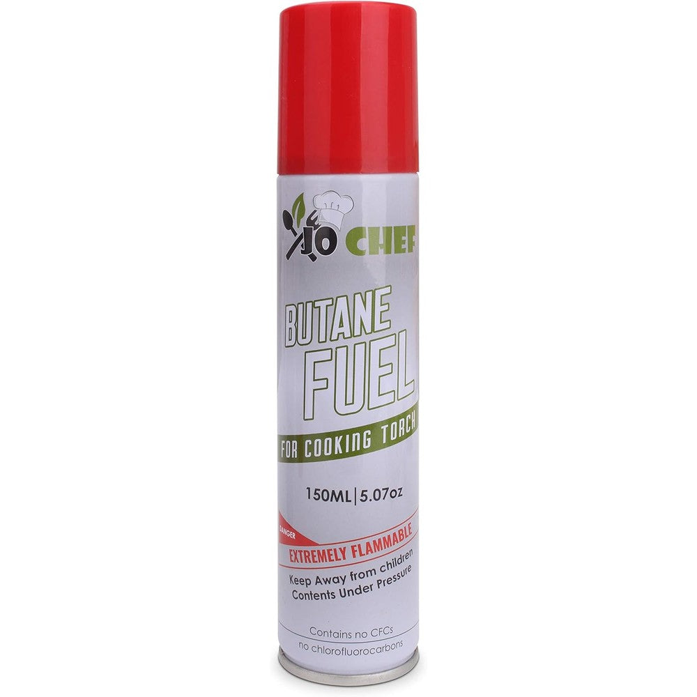 Jo Chef Butane Fuel Refill 150ml canister front view for gourmet kitchen torches