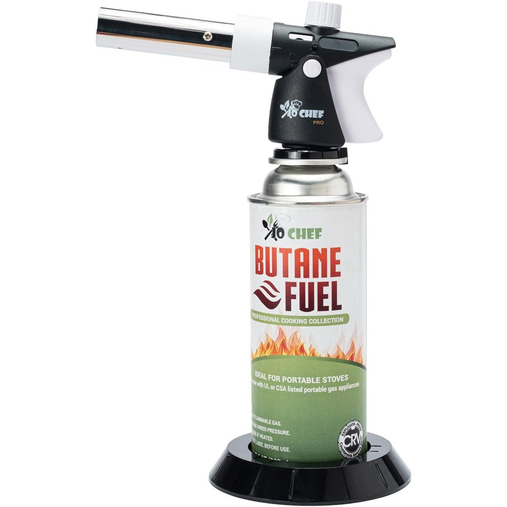 Jo Chef Pro Butane Cooking Torch front view with fuel canister