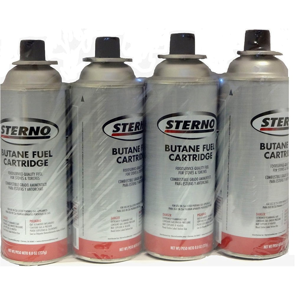 Sterno Butane Fuel Cartridge 8 Ounce 4 Pack front view authentic camping stove fuel