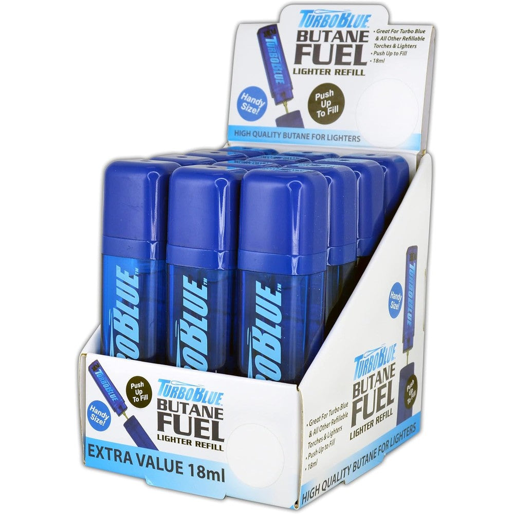 Turbo Blue Butane Fuel Refill 12 pack display front view for lighter maintenance.