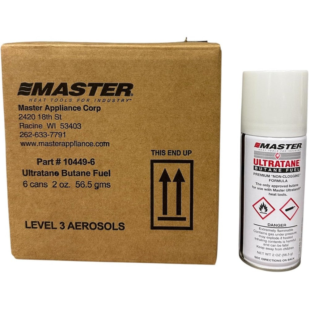 Master Appliance Ultratane Premium Butane Fuel six pack front view showcasing clean burning formula