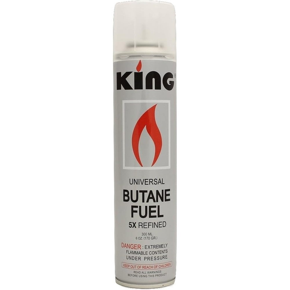 King Butane Fuel Triple Refined 300ml canister front view for lighter gas refills.
