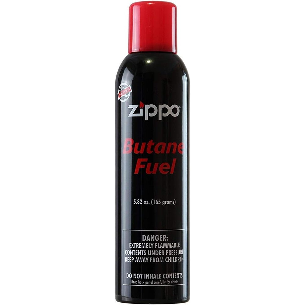 Zippo Premium Butane Fuel 165 gram canister front view for lighter refills.