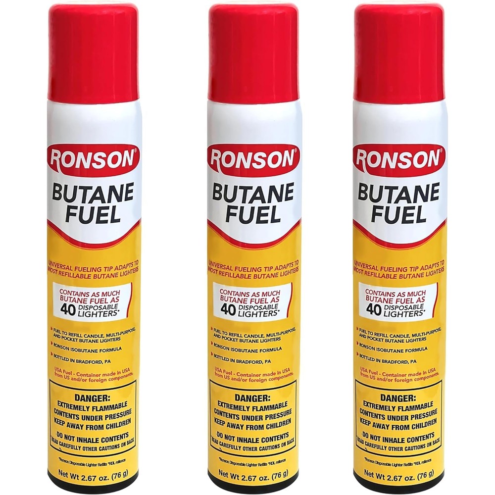 Ronson Multi-Fill Ultra Butane Fuel pack of three canisters front view authentic USA import.