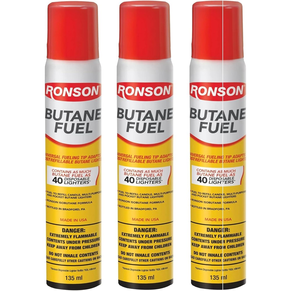 Ronson Butane Fuel 135ml Pack of 3 front view universal lighter refill.