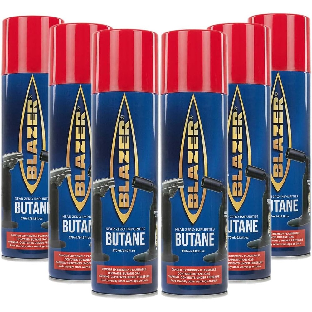 Blazer Butane Refill 6 canisters front view premium triple refined gas for torches
