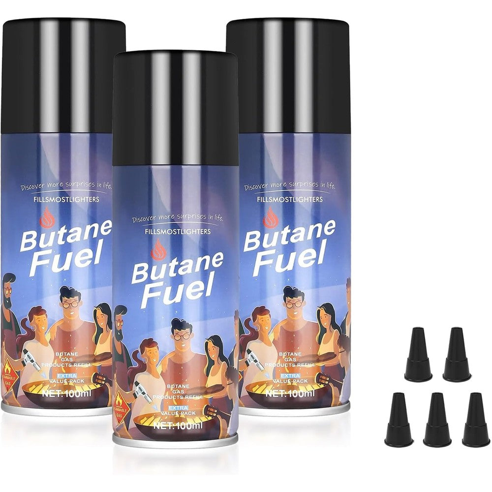 KinetiFire premium butane fuel refill front view of three pack canisters