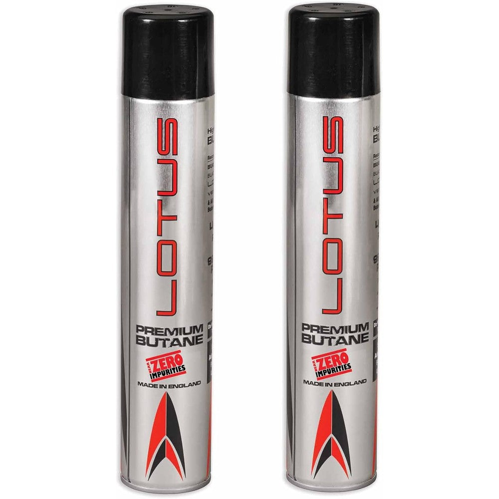 Lotus Premium Butane 400ml 2 Pack front view fuel canisters