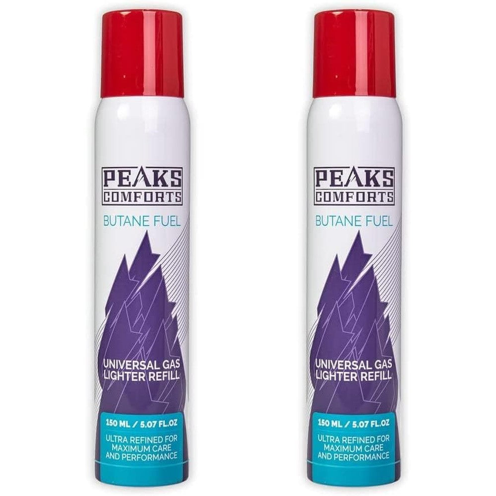 Peaks Comforts Butane Fuel Refill 150ml pack of 2 front view for kitchen torches.