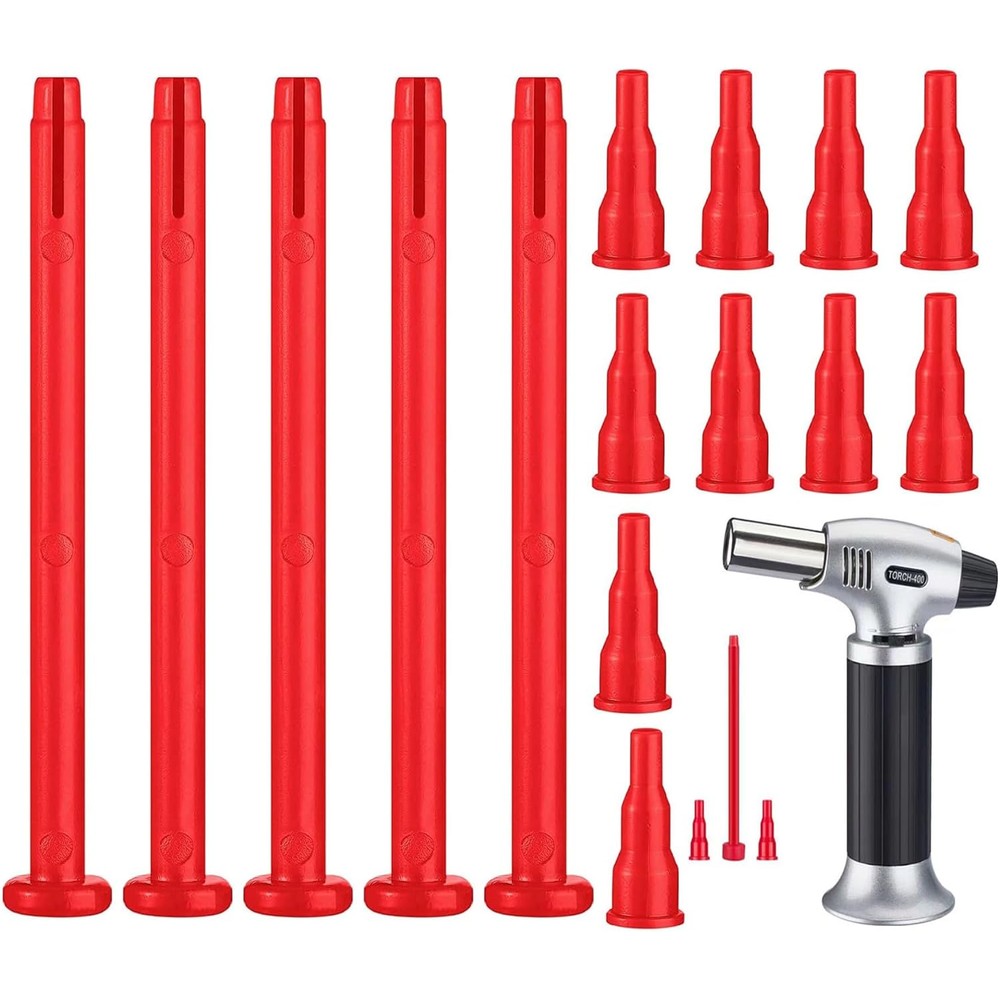 AIMPGSTL Butane Bottle Adapter 15 piece set front view showing red nozzle tips.