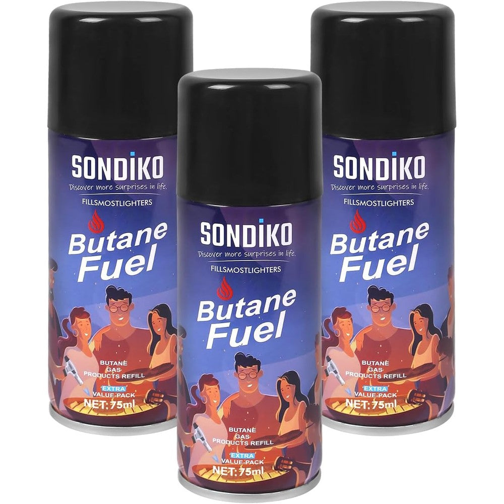 Sondiko premium butane fuel refill three pack front view highlighting the purple and blue canister design