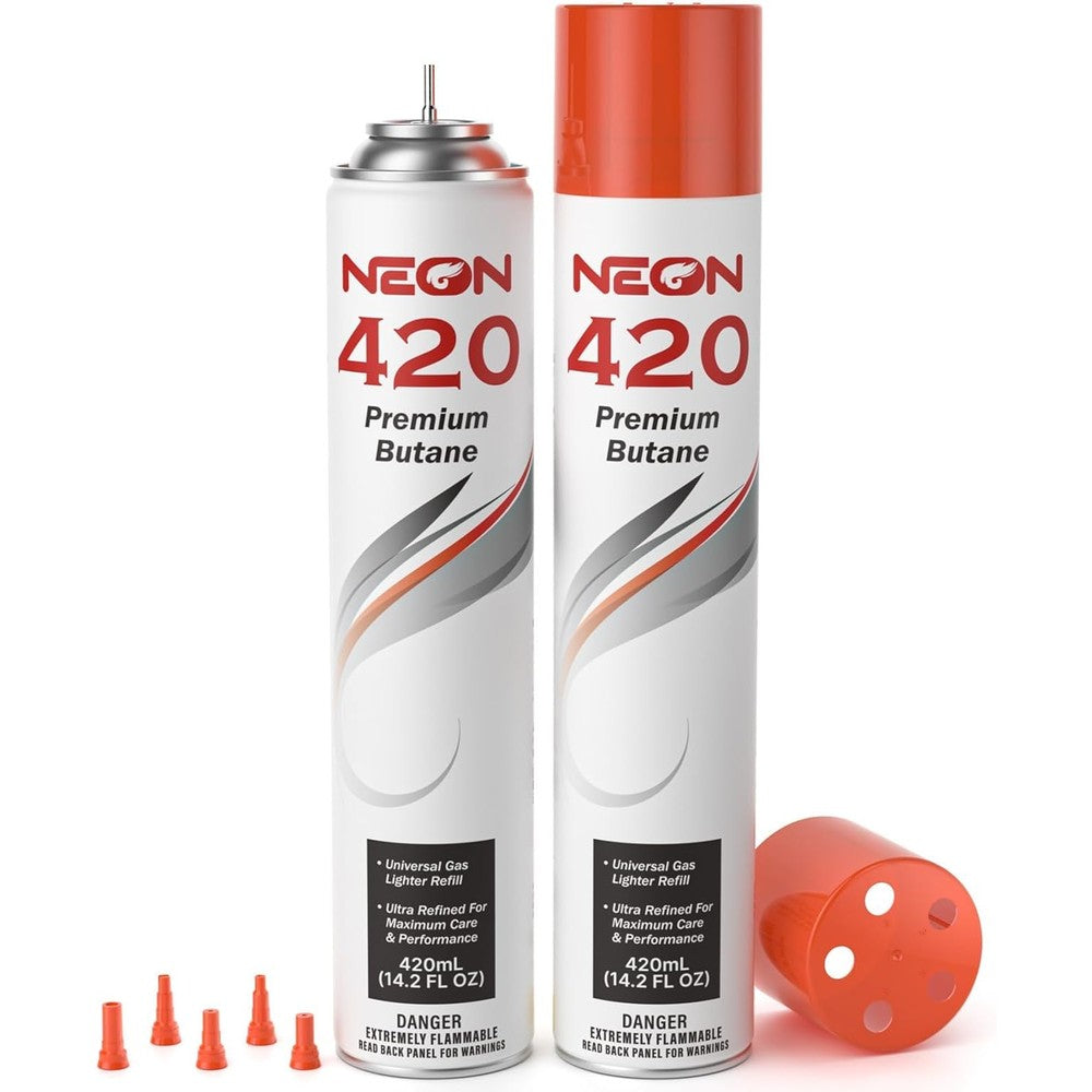 NEON butane refill four hundred and twenty milliliter two can pack front view showing premium brand labeling