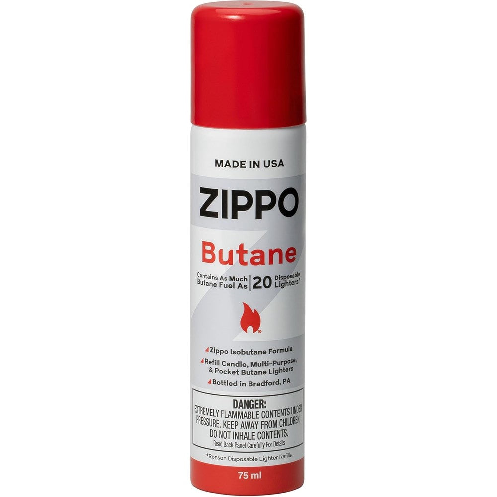 Zippo Premium Butane Fuel 42 grams front view for lighter refilling.