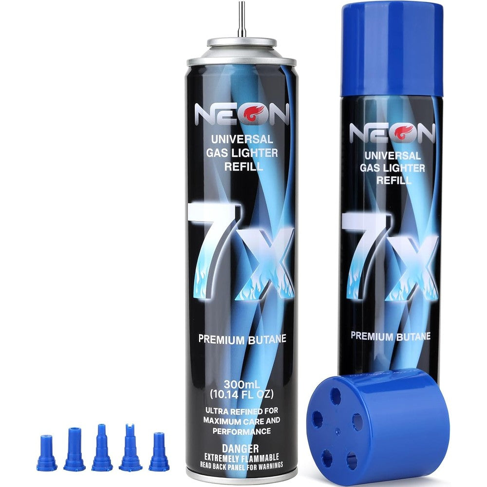 NEON butane refill premium gas canister front view for lighter fluid needs