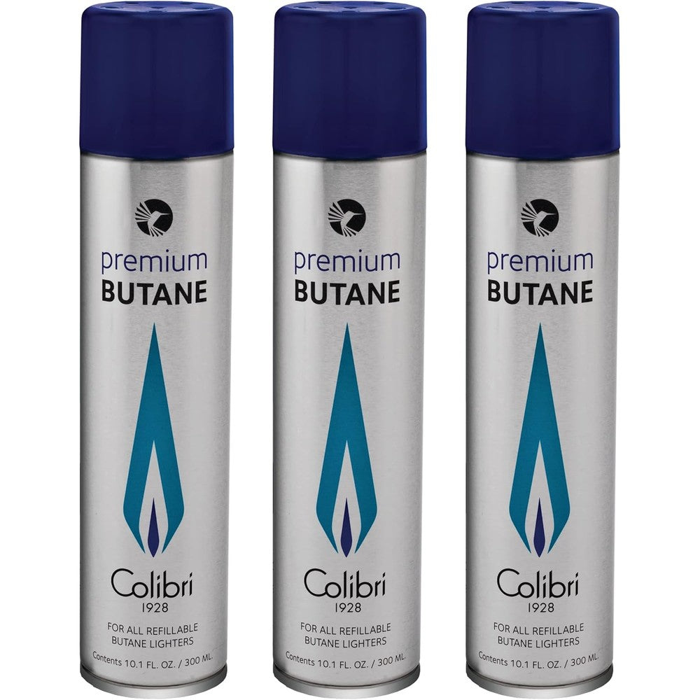 Colibri Premium Butane Fuel Refill 300ml pack of 3 front view showing 99.999 percent purity.