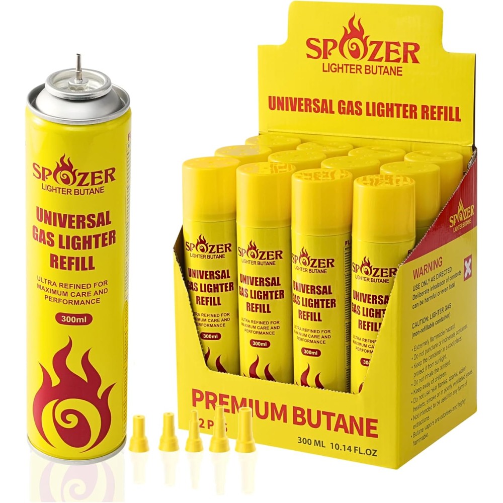 Spozer 12 Pack Butane Refill front view of canisters for universal lighter fueling.