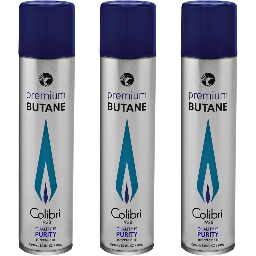 Colibri Premium Butane Fuel Refill pack of three front view for lighter maintenance.