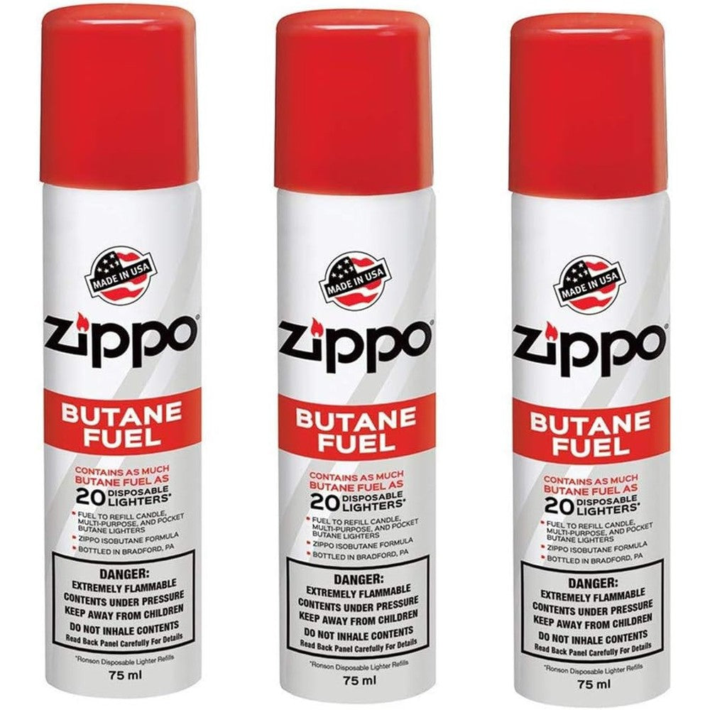 Zippo Premium Butane Fuel three pack front view authentic USA imported lighter gas.