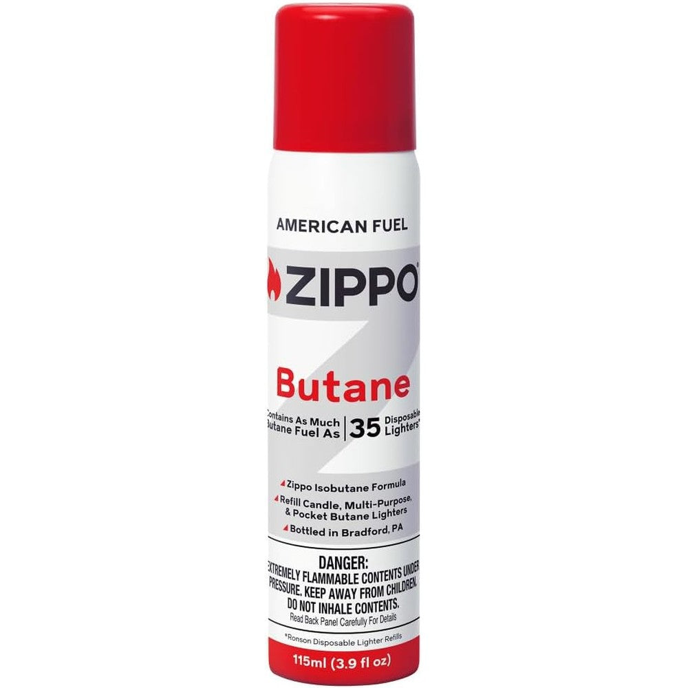 Zippo Butane Fuel 115ml canister front view showing authentic branding.