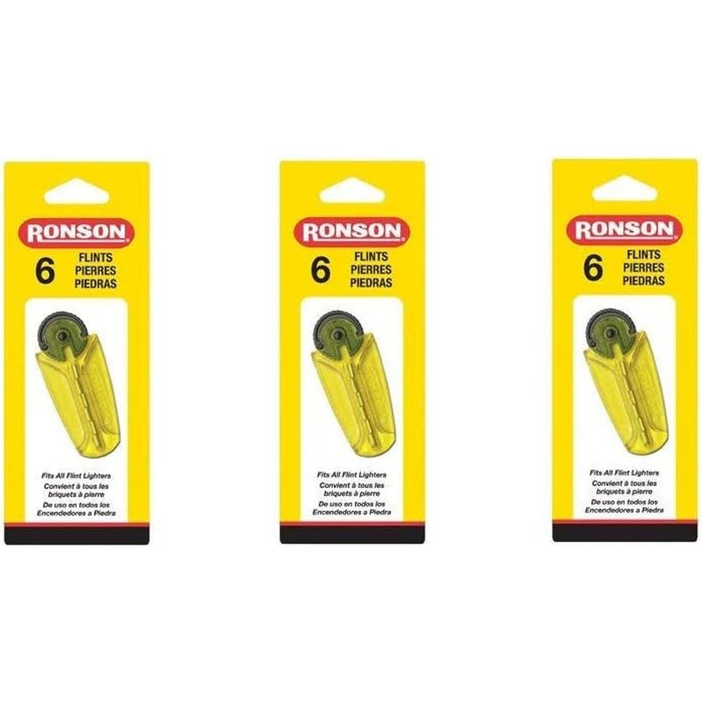 Ronson Lighter Flints 6 Count Pack of 3 front view showing yellow dispenser.