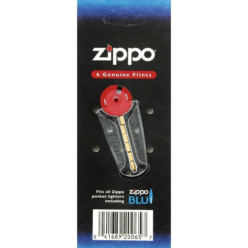 Zippo Genuine Flints 12 pack set front view showing red dispenser and carded packaging.