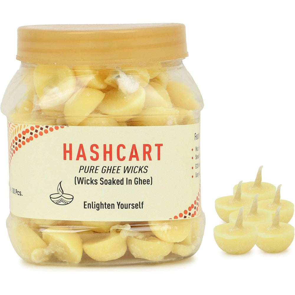 Hashcart Pure Ghee Wicks front view of retail jar showing ready-to-use puja cotton battis