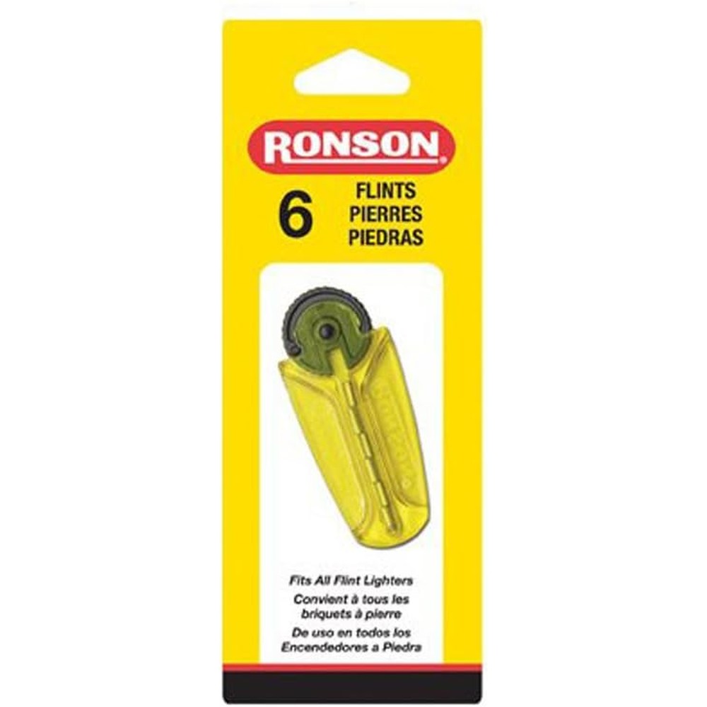 Ronson six count replacement lighter flints card showing yellow and green rotating plastic wheel dispenser front view.