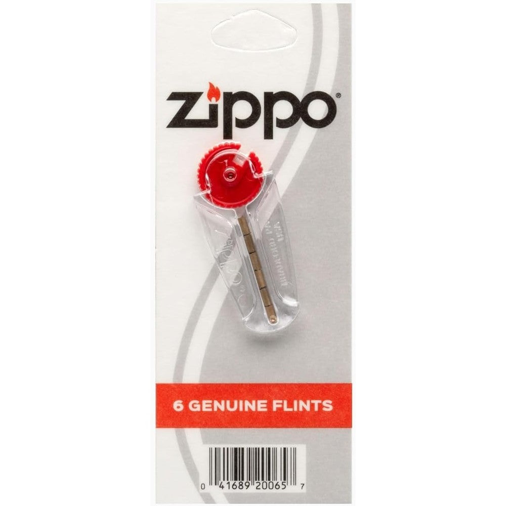 Zippo genuine replacement flints six count pack front view showcasing the plastic wheel dispenser card.