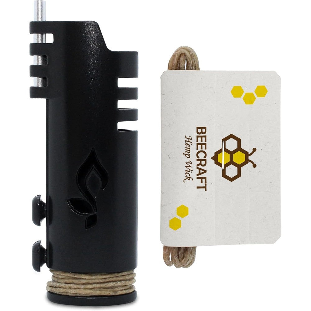 Hemplights Wrapper Hemp Wick Lighter Case in black showing front view with organic wick wrapped around the sleeve.