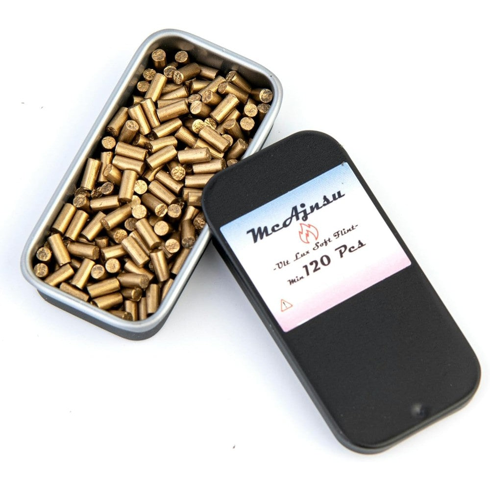 McAjnsu premium lighter flints front view showing one hundred twenty gold stones packaging.