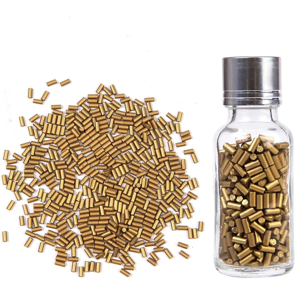 Nicime gold flint refills packaged inside a small glass storage bottle front view