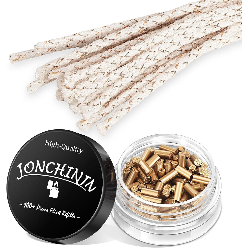 Jonchinjn lighter repair kit showing the front view of the packaging with gold colored flints and white cotton wicks.