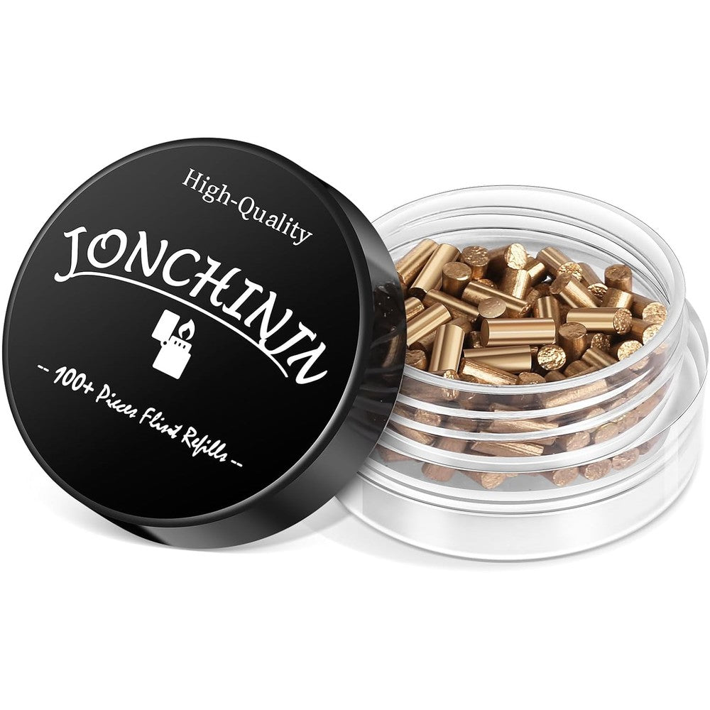 Jonchinjn premium lighter flints 100 pieces front view of clear storage vial showing golden replacement stones