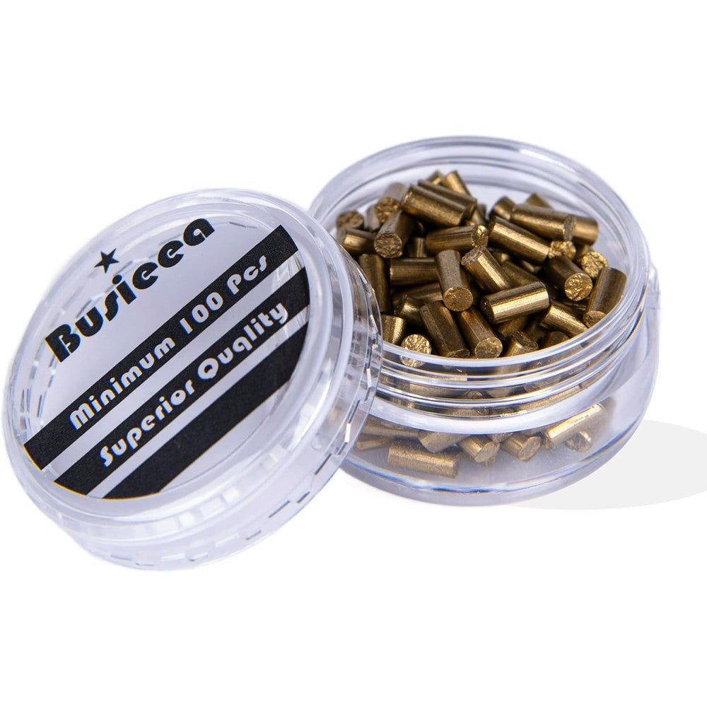 Busieea 100 pieces lighter flints front view showcasing the gold colored replacement refills.
